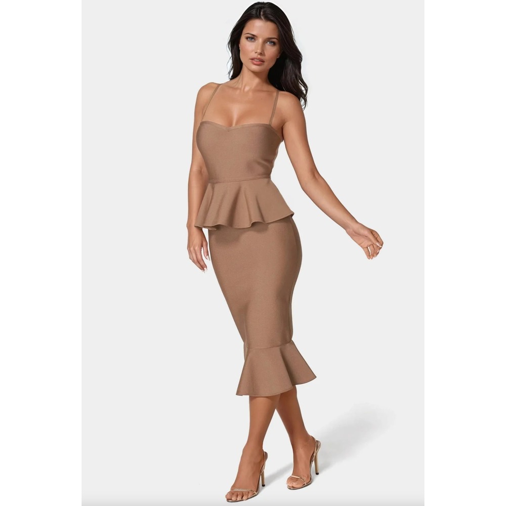 NEW Bebe Peplum Bandage Midi Dress Mocha Stretch Y2k Style Womens Size S